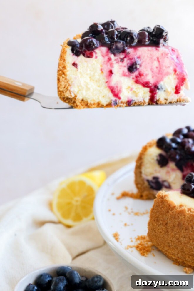 Luscious Lemon Blueberry Cheesecake 9 A close-up shot of a perfect slice of Lemon Blueberry Cheesecake being lifted from the cake stand, showcasing its creamy texture and rich topping.
