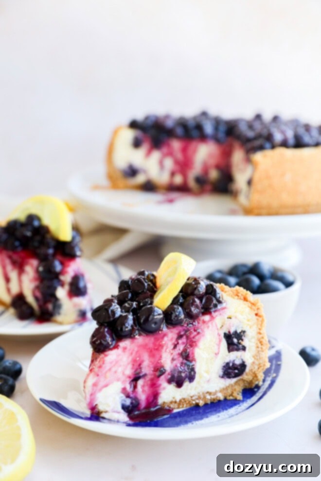 Luscious Lemon Blueberry Cheesecake 10 Two slices of Lemon Blueberry Cheesecake on a white plate, with the remaining whole cheesecake on a cake stand in the background, adorned with fresh citrus and berries.