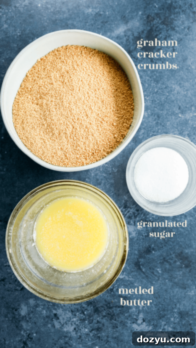 Luscious Lemon Blueberry Cheesecake 3 Ingredients for the graham cracker crust laid out in bowls with descriptive text labels.