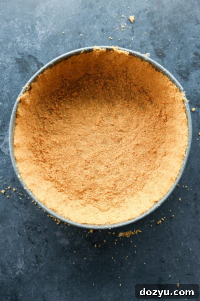 Luscious Lemon Blueberry Cheesecake 5 Golden brown graham cracker crust, perfectly baked and ready in a springform pan.