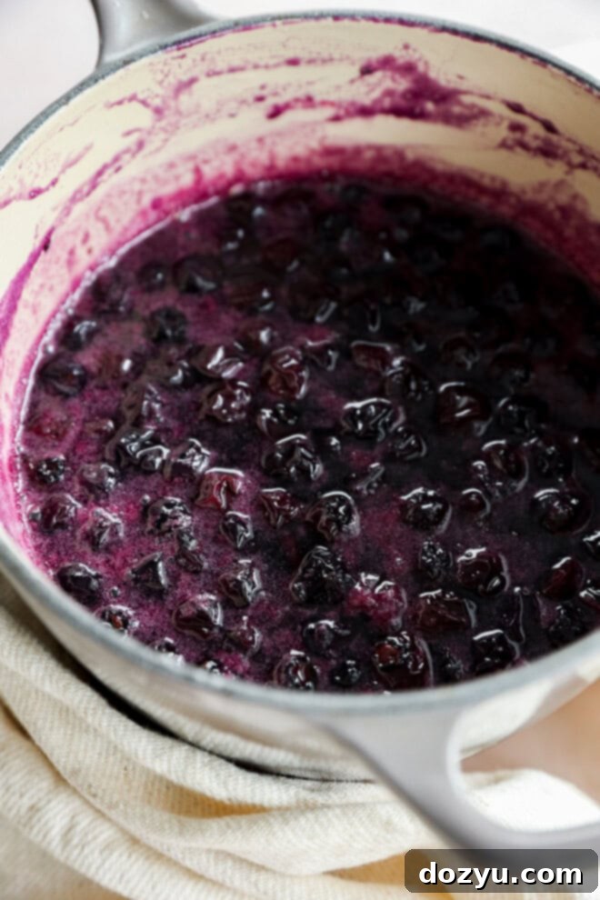 cooking blueberries in a saucepan with sugar and water