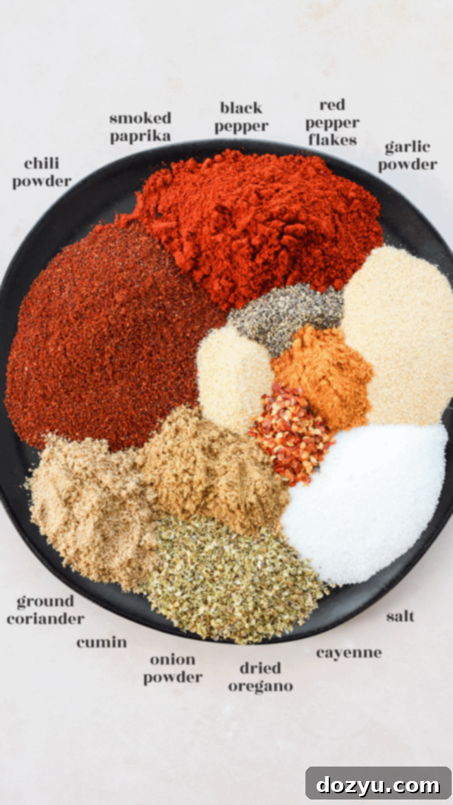 Individual spices laid out on a white plate with text labels, showcasing the ingredients for Southwest spice mix