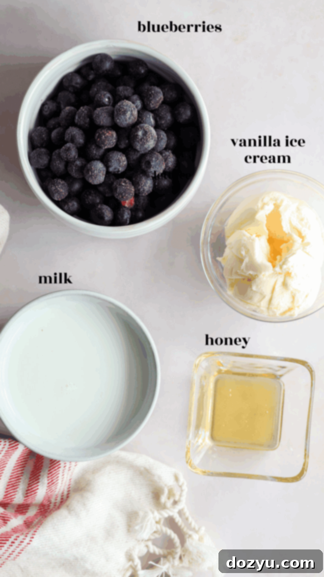 blueberry milkshake ingredients in bowls with text labels