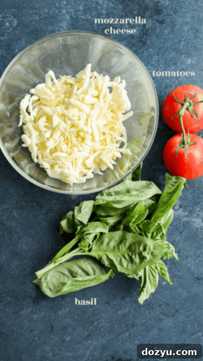 caprese empanada ingredients in bowls with text labels
