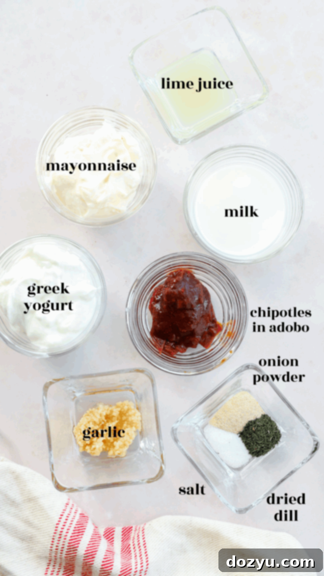 chipotle ranch salad dressing ingredients in bowls with text labels