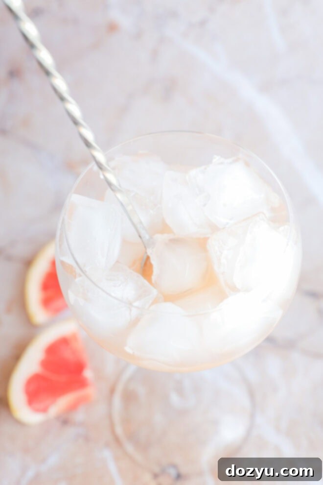 Wine, vodka, and grapefruit juice and elderflower liqueur in a glass with ice stirring with spoon