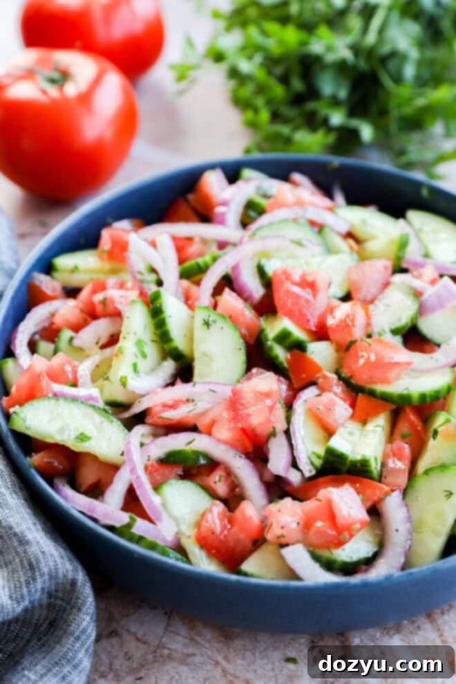 Summer Cucumber Tomato Salad 2 Fresh summer vegetables in a blue bowl with fresh veggies and herbs in the background, showcasing a vibrant cucumber tomato salad.