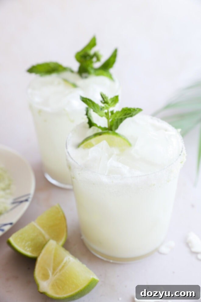 Two glasses of Coconut Mojito with ice, garnished with lime slices and mint leaves. Lime wedges and a bowl of salt sit beside the refreshing drinks on a light surface, ready to be enjoyed.