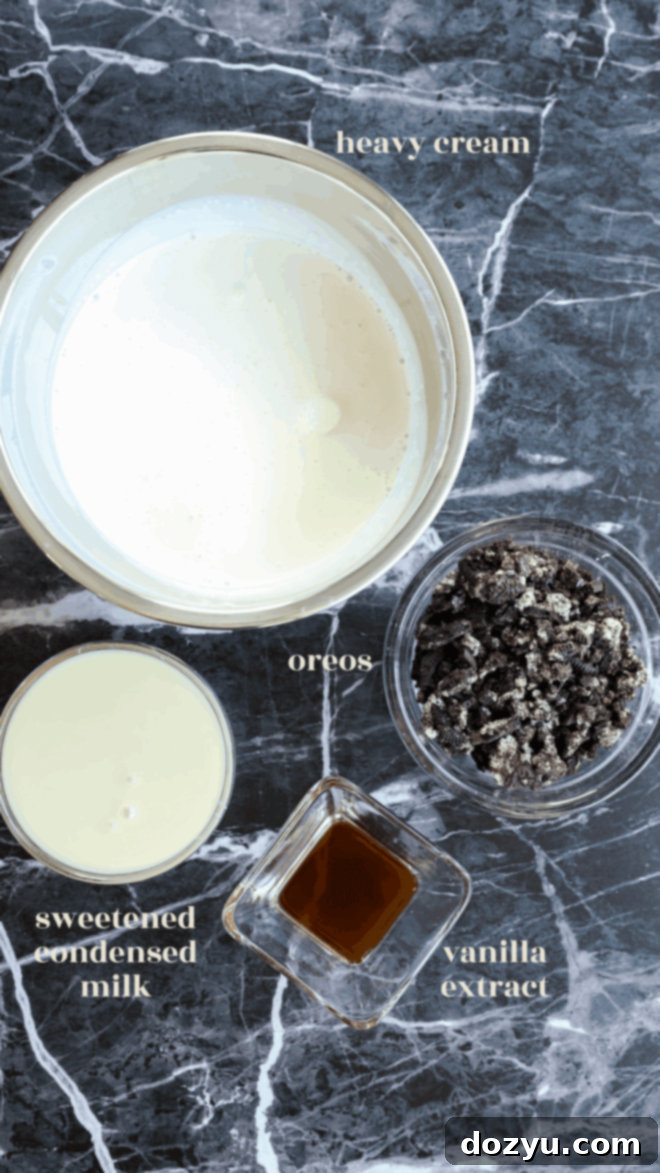 Oreo ice cream ingredients in bowls with text labels