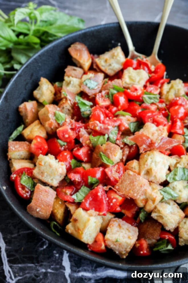 Tuscan Panzanella 11 Panzanella Toscana in large black bowl with gold serving bowls