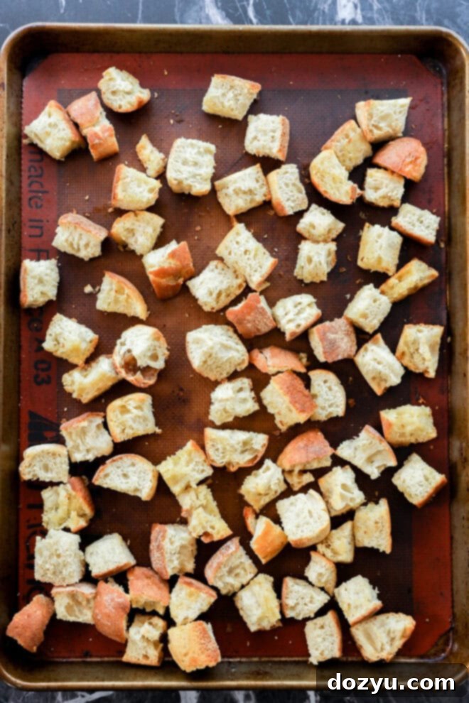 Tuscan Panzanella 6 toasted bread cubes on baking sheet