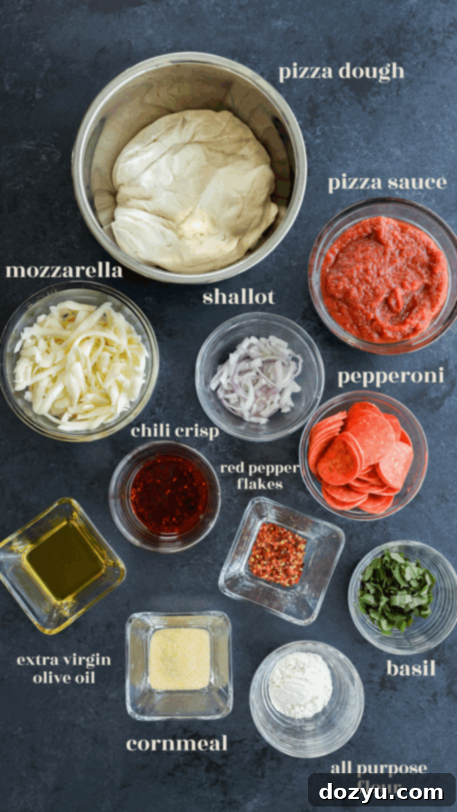 A black background with spicy pizza ingredients in small bowls with text labels of all the ingredients