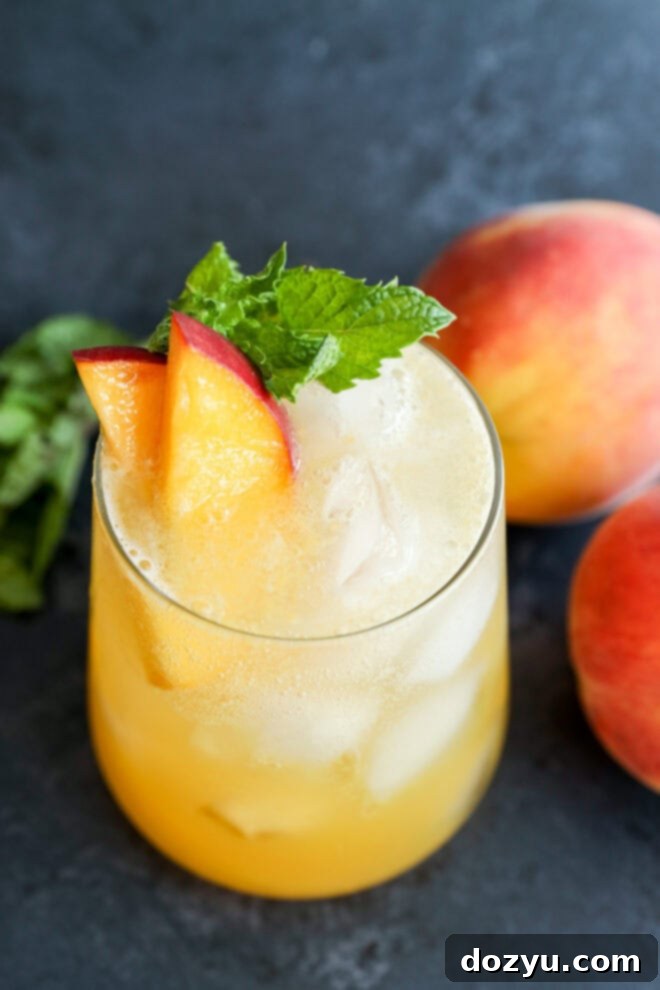 A glass of peach-colored iced drink garnished with peach slices and a sprig of mint, with fresh peaches and mint leaves in the background on a dark surface.