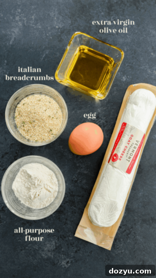 fried goat cheese ingredients in bowls with text labels