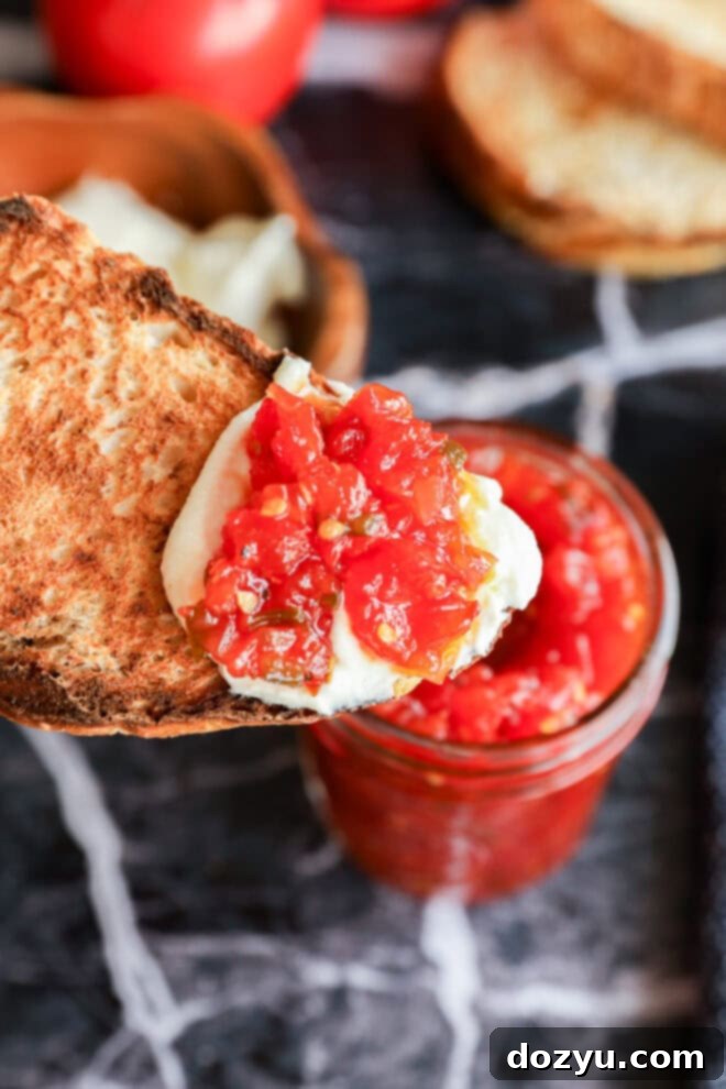 Artisan Tomato Relish 8 A piece of toasted bread topped with fresh mozzarella cheese and a spoonful of tomato relish is held above an open jar of tomato jam on a dark marble surface.