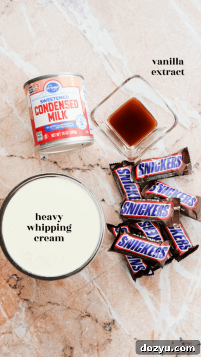 Top-down view of ingredients for Snickers Ice Cream on a marble surface: a can of sweetened condensed milk, a small glass dish of vanilla extract, a bowl of heavy whipping cream, and several mini Snickers bars.