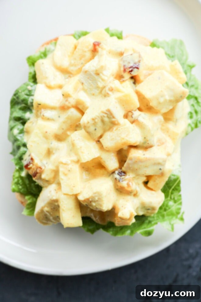 Golden Curried Chicken Salad 8 An open-faced sandwich with creamy salad on a bed of green leaf lettuce, served on a white plate.