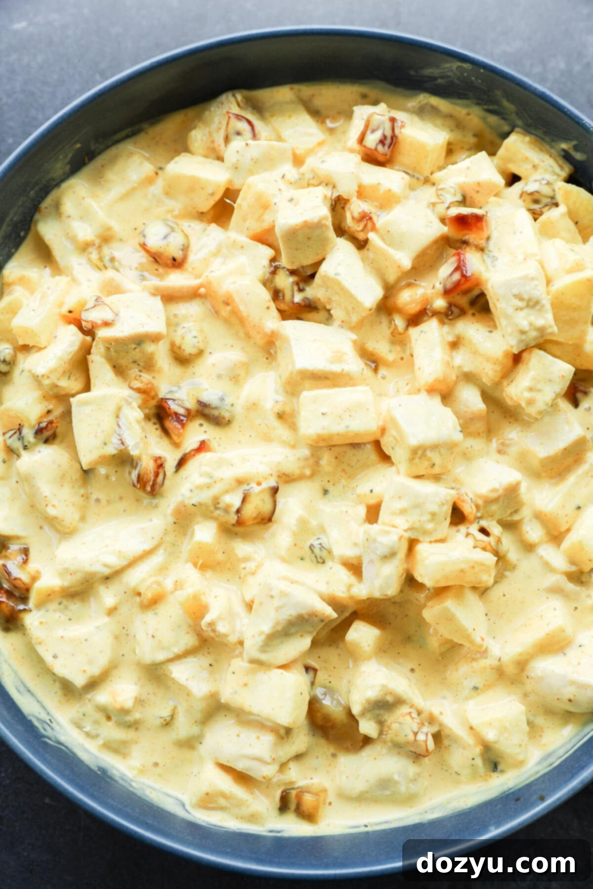 Golden Curried Chicken Salad 10 A close-up of a creamy yellow curry dish with cubed chicken, raisins, and fruit, all coated in a rich, spiced sauce for curried chicken salad, served in a dark bowl.