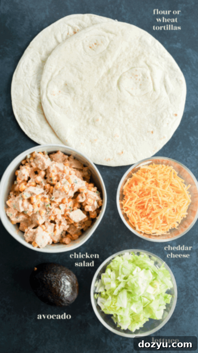 A flat lay photograph showcasing the essential wrap ingredients: three soft tortillas, a bowl of creamy chicken salad, a bowl of finely shredded cheddar cheese, a bowl of fresh, chopped lettuce, and a whole, ripe avocado, all artfully arranged on a dark, rustic surface with descriptive text labels.