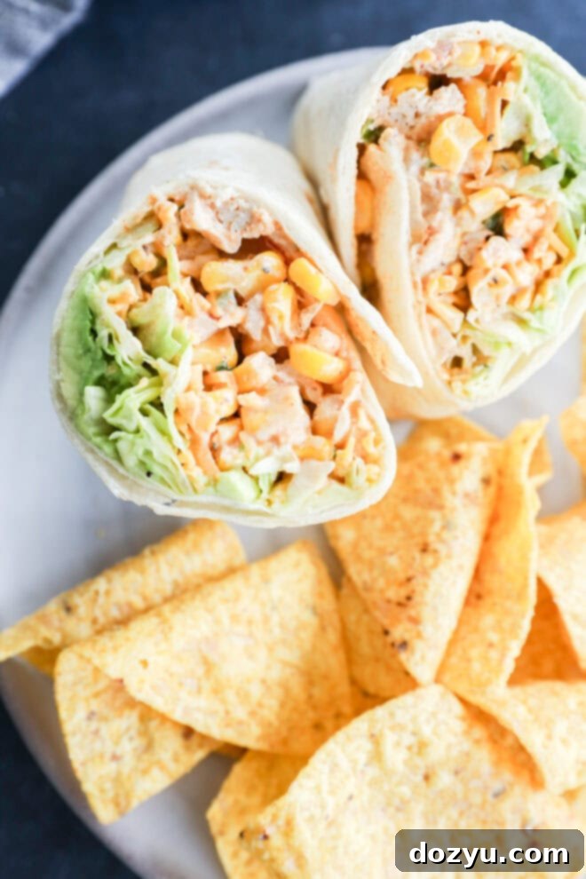 A beautifully presented plate features a wrap, artfully sliced in half to reveal its vibrant filling of diced chicken, fresh lettuce, and a delicious sauce, served alongside a scattering of crispy tortilla chips for an added crunch.
