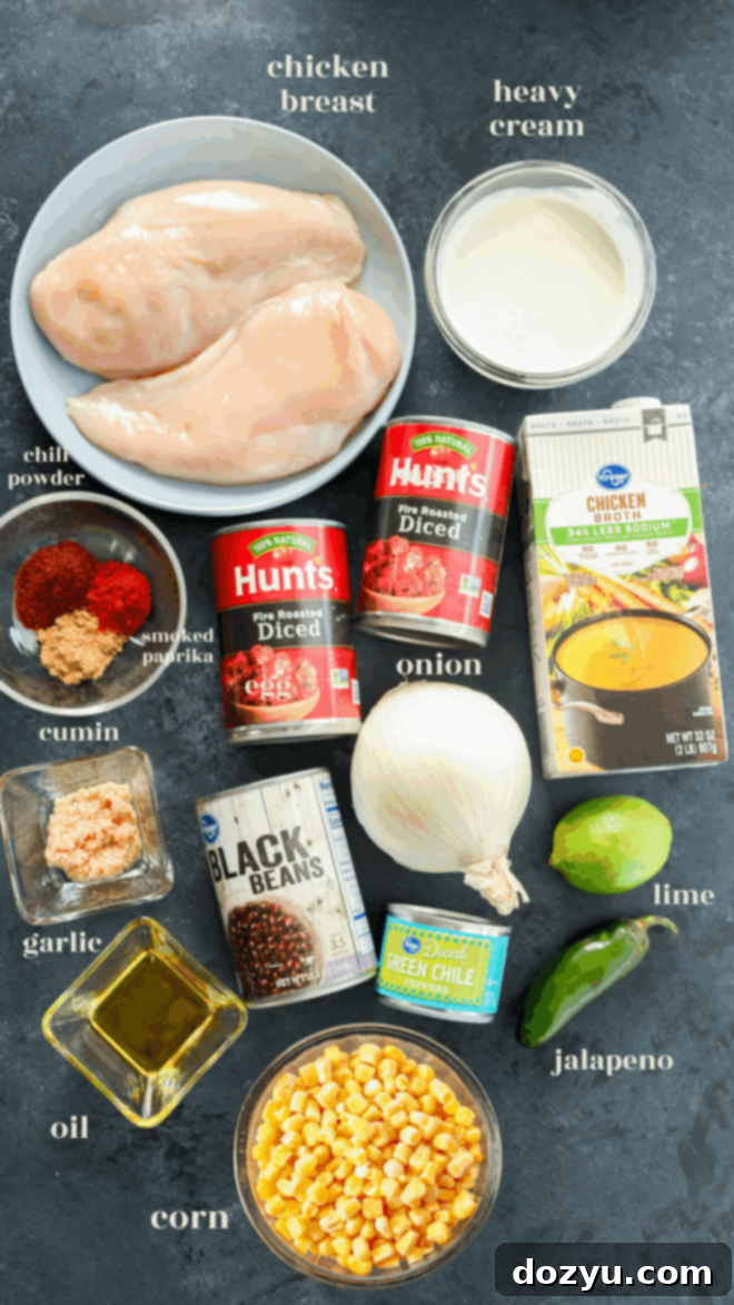 A flat lay of Creamy Chicken Tortilla Soup ingredients, featuring raw chicken breasts, heavy cream, broth, diced tomatoes, chili powder, smoked paprika, cumin, corn, black beans, onion, garlic, oil, lime, and jalapeño – all essential for this flavorful Tex-Mex dish.