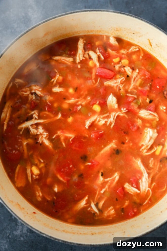A pot filled with creamy chicken tortilla soup, featuring shredded chicken, corn, tomatoes, and herbs in a rich tomato-based broth. Steam rises from the hot, freshly cooked soup, promising comfort.