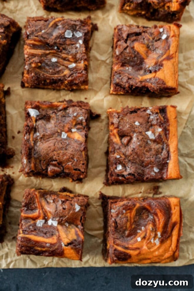 Spiced Pumpkin Fudge Brownies 7 Nine chocolate brownies with a marbled pattern and sprinkled sea salt on top, arranged neatly on parchment paper.
