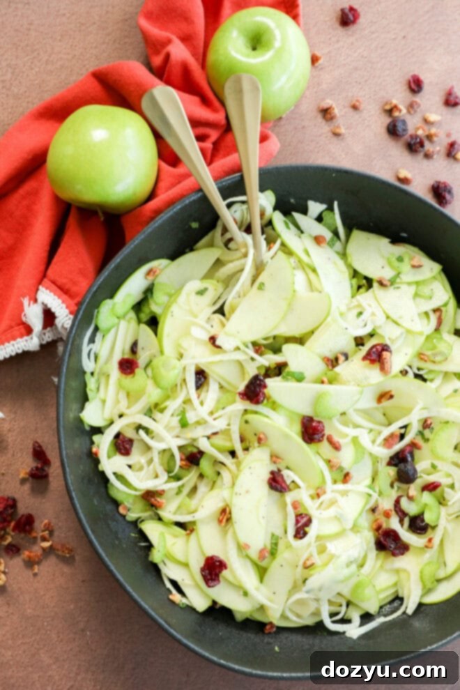 A black bowl filled with an Apple Fennel Salad of thinly sliced green apples, fennel, celery, dried cranberries, and nuts. Two serving utensils rest in the bowl. A red cloth and two whole green apples are beside the bowl.