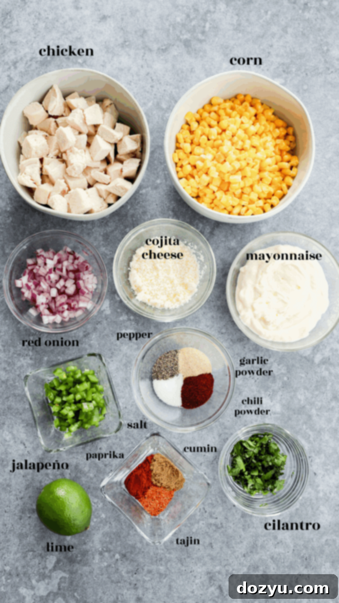 A top-down view of various fresh ingredients laid out in separate bowls for Mexican chicken salad: cubed cooked chicken, bright yellow corn kernels, finely chopped red onion, crumbled Cotija cheese, creamy mayonnaise, sliced jalapeño, fresh lime wedges, fragrant cilantro, and a selection of ground spices including salt, pepper, garlic powder, chili powder, cumin, smoked paprika, and Tajín seasoning.