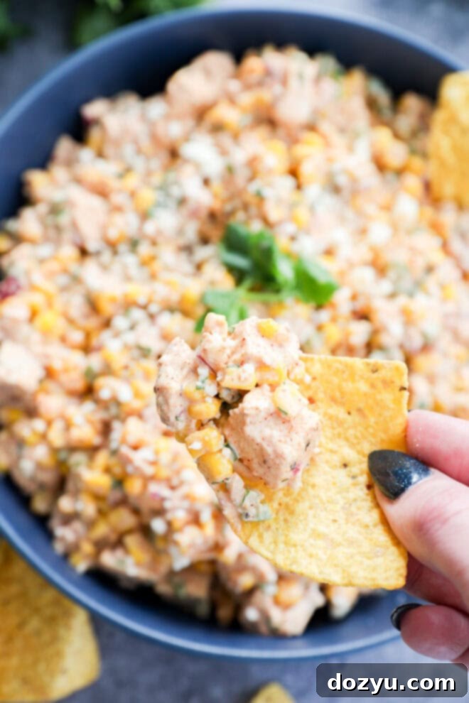 A hand holds a crispy tortilla chip topped with a generous scoop of creamy Mexican chicken salad, showcasing the diced chicken, vibrant corn, and fresh herbs, poised over a bowl filled with more of the delicious dip.