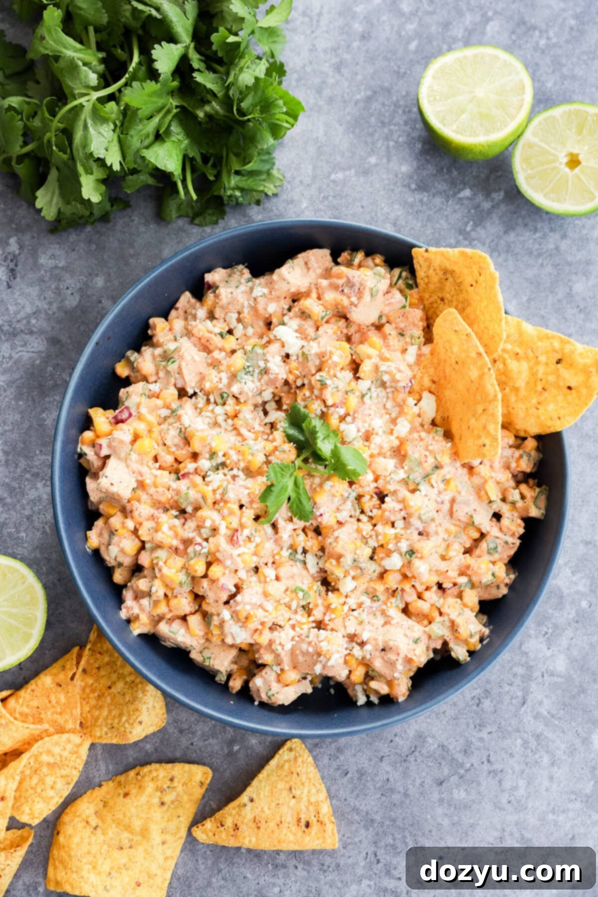 A blue bowl filled with a creamy Mexican chicken salad, garnished with cilantro and crumbled cheese, surrounded by tortilla chips. Fresh lime halves and cilantro are placed nearby on a gray surface.
