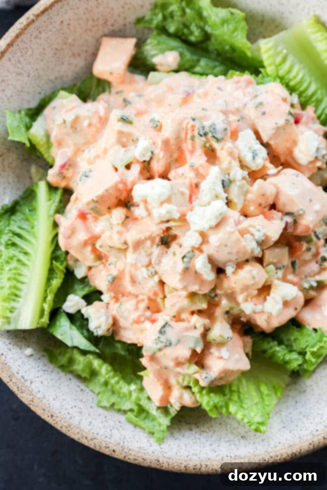 A bowl of chopped chicken salad mixed with a creamy dressing and crumbled blue cheese, served on a bed of fresh romaine lettuce leaves. It's buffalo chicken salad.