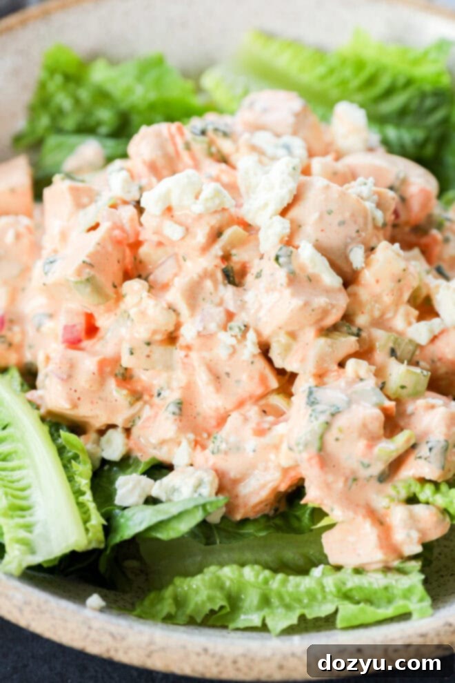A close-up of a creamy buffalo chicken salad with chopped celery and herbs, garnished with crumbled blue cheese, served on a bed of fresh romaine lettuce leaves in a shallow bowl.
