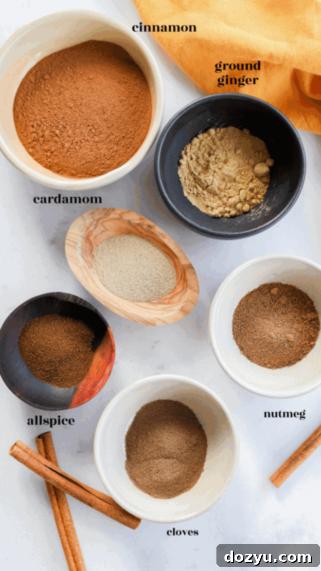 Six small white bowls containing individual ground spices: cinnamon, ginger, cardamom, allspice, nutmeg, and cloves. Two whole cinnamon sticks are placed to the side, all arranged on a clean white surface, illustrating the components of a homemade pumpkin pie spice blend.