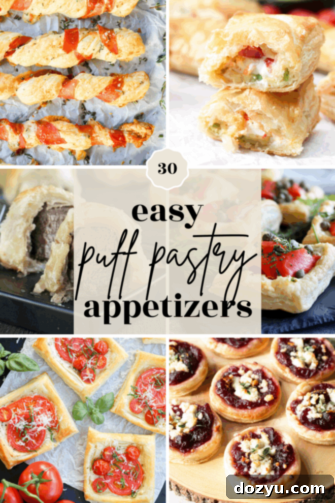 A collage of six puff pastry appetizers—cheese twists, stuffed squares, savory pinwheels, tomato tartlets, herbed bites, and sausage-filled pastries. Center text reads: 30 easy puff pastry appetizers.