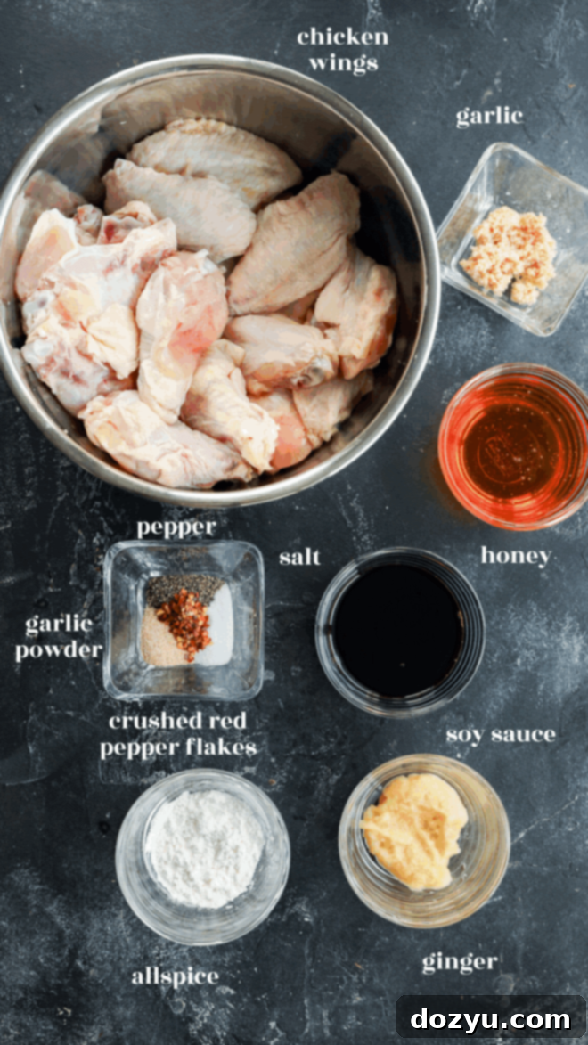Sweet and Sticky Honey Garlic Chicken Wings 3 A flat lay of ingredients in bowls on a dark surface: raw chicken wings, minced garlic, honey, soy sauce, ginger, allspice, crushed red pepper flakes, garlic powder, pepper, and salt, each labeled with text. For Honey Garlic Chicken Wings