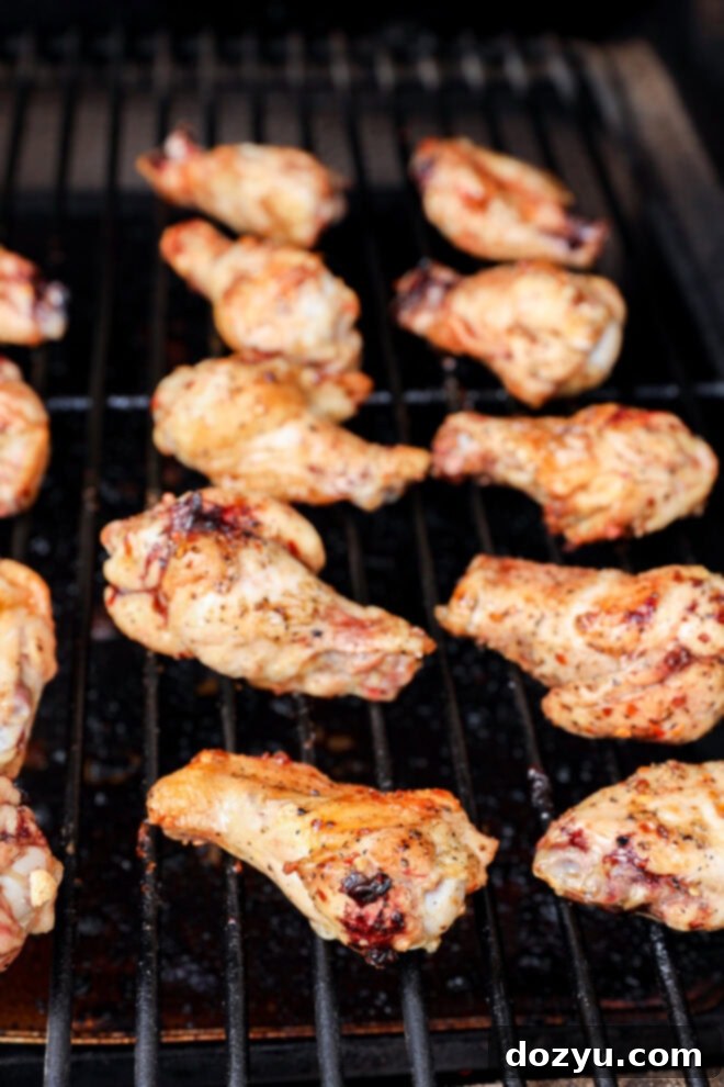 Sweet and Sticky Honey Garlic Chicken Wings 6 Grilled chicken wings cooking on a barbecue grill, seasoned and slightly charred, with grill marks visible on the meat and grill grates.