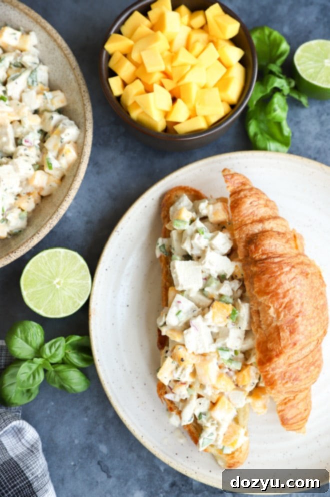 Tropical Mango Chicken Delight 9 Overhead image of a delicious mango chicken salad croissant sandwich, ready for a summer lunch