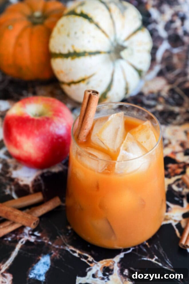A glass of orange-colored iced pumpkin juice with a cinnamon stick, set on a dark marbled surface, with an apple, cinnamon sticks, and two decorative pumpkins in the background.