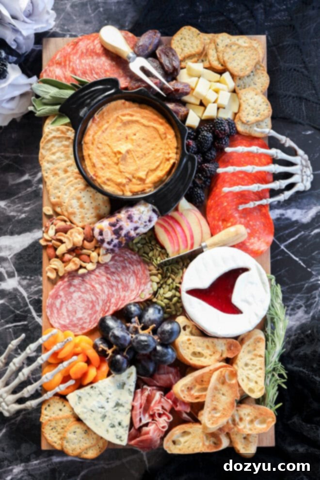 A Halloween charcuterie board featuring meats, cheeses, crackers, fruits, dips, nuts, and bones is artfully arranged with decorative skeleton hands on a dark marble surface for a spooky touch.