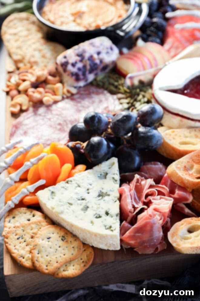A Halloween charcuterie board featuring crackers, blue cheese, prosciutto, dried apricots, grapes, salami, nuts, sliced bread, a dip in a black bowl, and a small dish of red jam creates an eerie yet delicious spread.