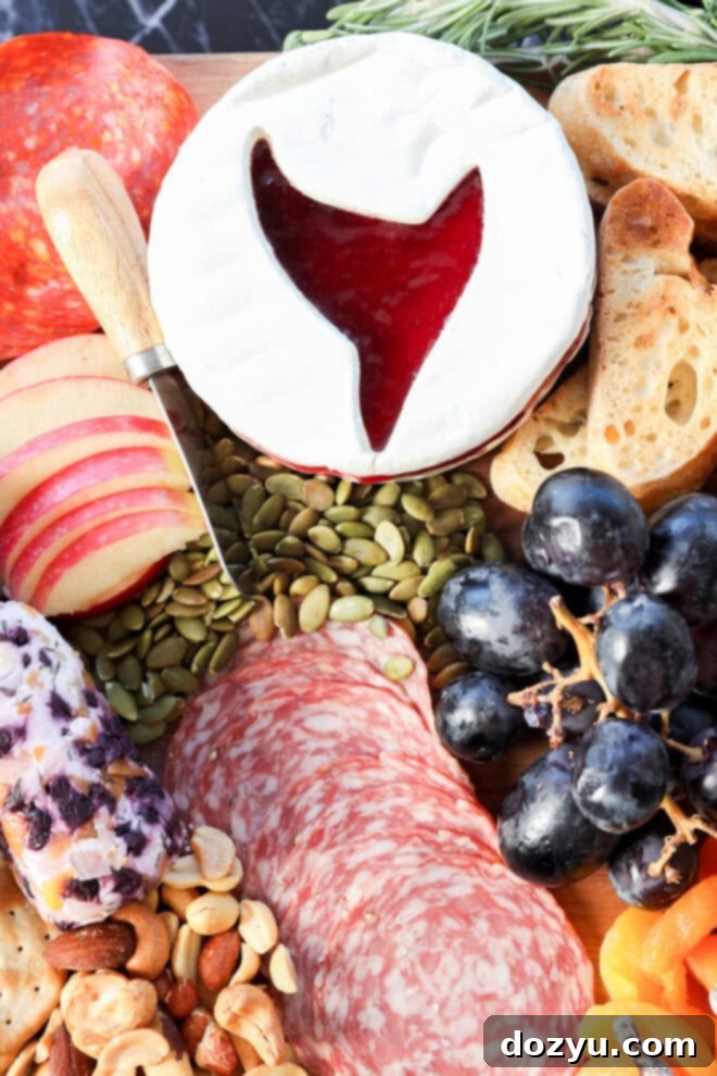 A Halloween charcuterie board featuring sliced meats, apple slices, baguette, grapes, nuts, seeds, crackers, and a round brie cheese topped with red jelly shaped like a whale’s tail. A cheese knife rests nearby.