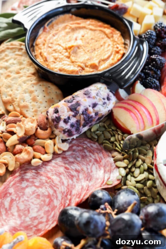 A platter featuring sliced salami, grapes, apple slices, crackers, nuts, pumpkin seeds, cheese, a creamy dip in a black dish, and a log of blueberry goat cheese for a festive touch.
