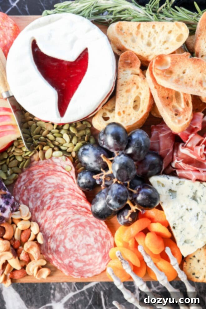 A Halloween charcuterie board featuring sliced bread, brie cheese with a red jam center, salami, prosciutto, blue cheese, black grapes, dried apricots, nuts, seeds, apple slices, and sprigs of rosemary.