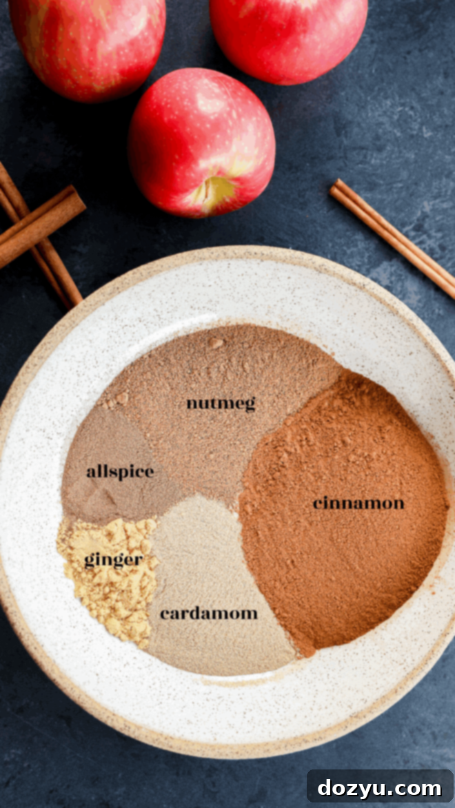 A high-angle shot of a bowl filled with clearly defined mounds of individual spices: vibrant ground cinnamon, finely grated nutmeg, aromatic allspice, zesty ginger, and delicate ground cardamom. The bowl sits on a dark surface, artfully arranged next to whole red apples and slender cinnamon sticks, illustrating the fresh ingredients before blending.
