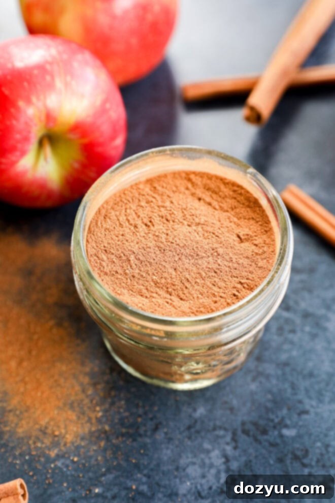 A small, elegant glass jar, brimming with fragrant homemade apple pie spice, rests on a dark, rustic countertop. It's artistically surrounded by fresh, glossy red apples and natural cinnamon sticks, creating a visually appealing autumn scene. A scattering of cinnamon powder around the jar adds to the warm and inviting ambiance.