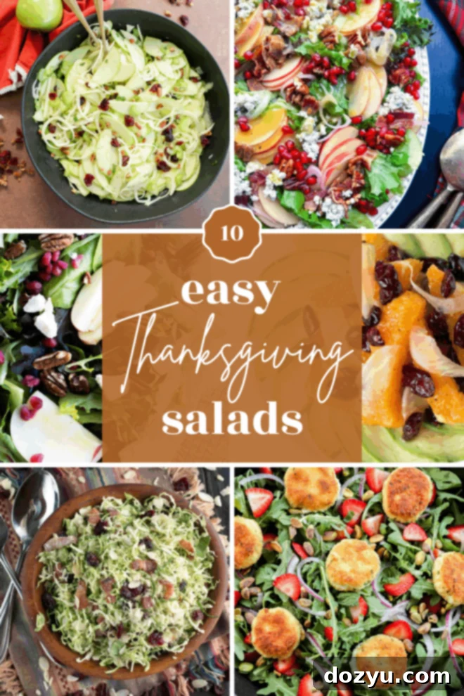 A vibrant collage showcasing various colorful Thanksgiving salads featuring fresh greens, autumnal fruits, crunchy nuts, and creamy cheeses. A central banner overlay reads '10 easy Thanksgiving salads' in elegant white script on a warm orange background, highlighting the variety and ease of the recipes.