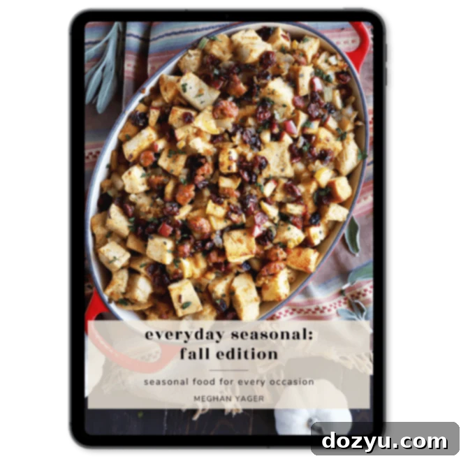 A digital image of the 'Everyday Seasonal Fall Edition' cookbook cover displayed on an iPad, showcasing autumn-themed design. This image promotes seasonal recipes and a comprehensive produce guide for fall cooking.