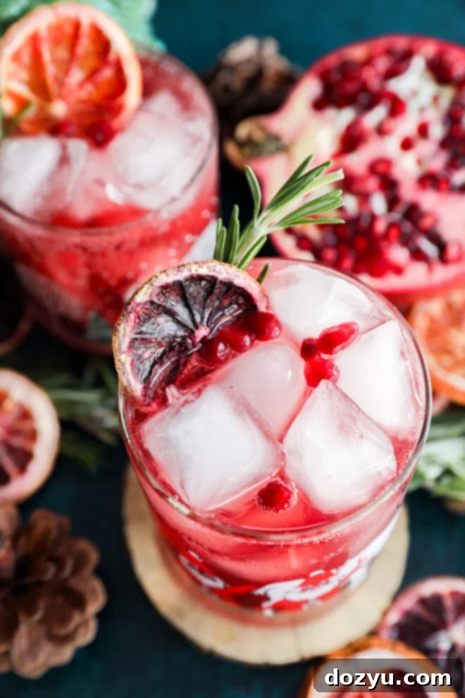 A glass of red christmas vodka cocktail with ice cubes, garnished with a slice of blood orange, pomegranate seeds, and a rosemary sprig, surrounded by another drink, dried citrus slices, and a halved pomegranate.