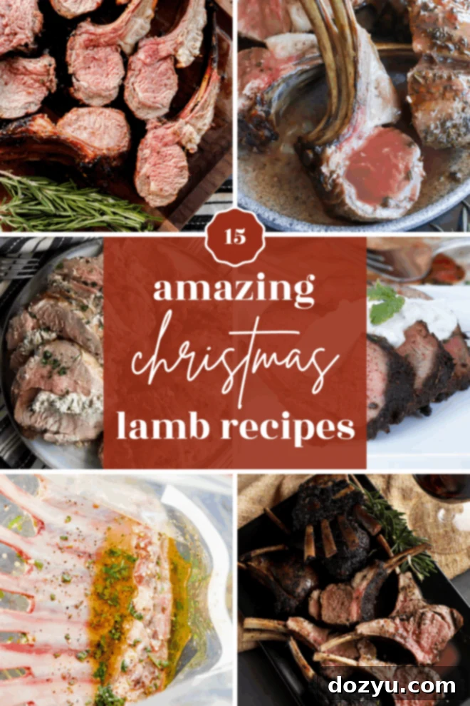 A collage of various Christmas lamb recipes, including racks of lamb and sliced lamb, surrounding text that reads “15 amazing Christmas lamb recipes” in white and gold on a red background.
